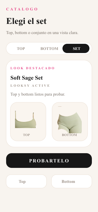 Pantalla de catálogo Looksy con prendas fitness